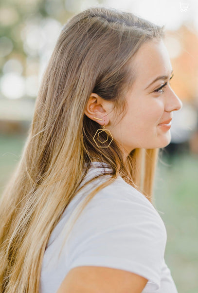 3D Double Hexagon Gold Earrings