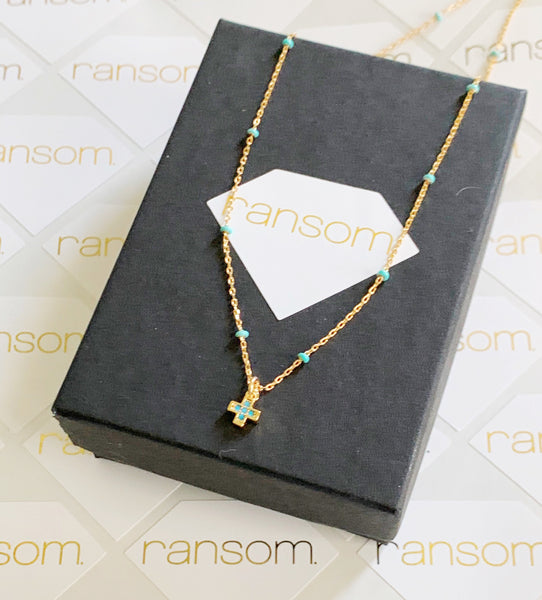 Tiny Turquoise Pave Cross Necklace