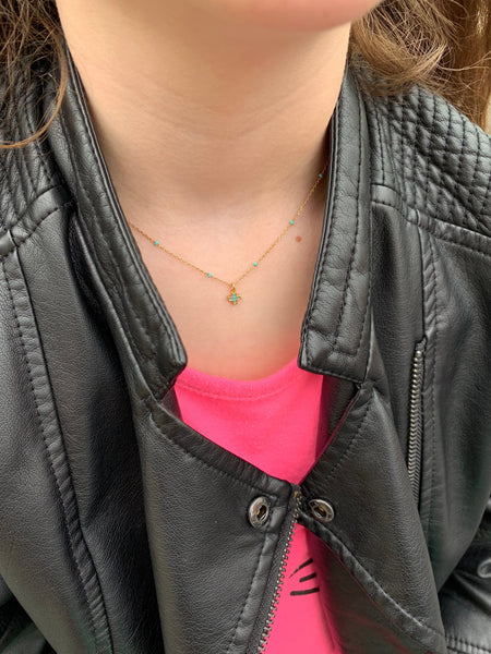 Tiny Turquoise Pave Cross Necklace