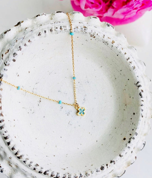 Tiny Turquoise Pave Cross Necklace