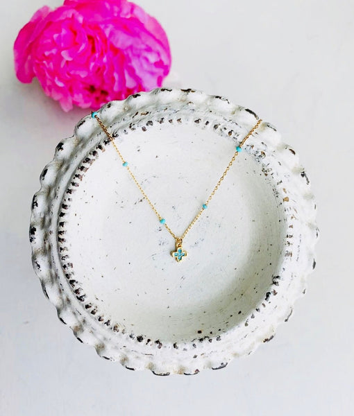 Tiny Turquoise Pave Cross Necklace