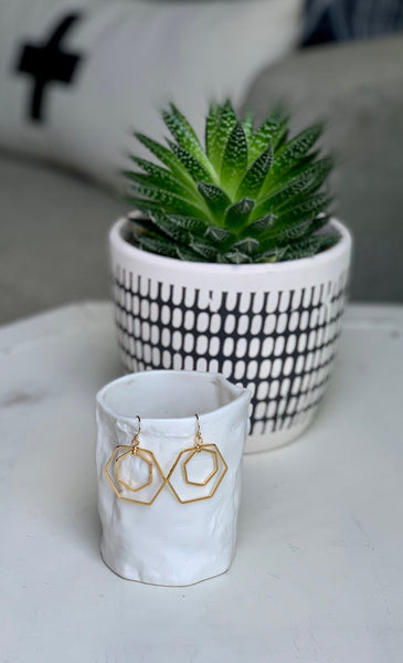 3D Double Hexagon Gold Earrings