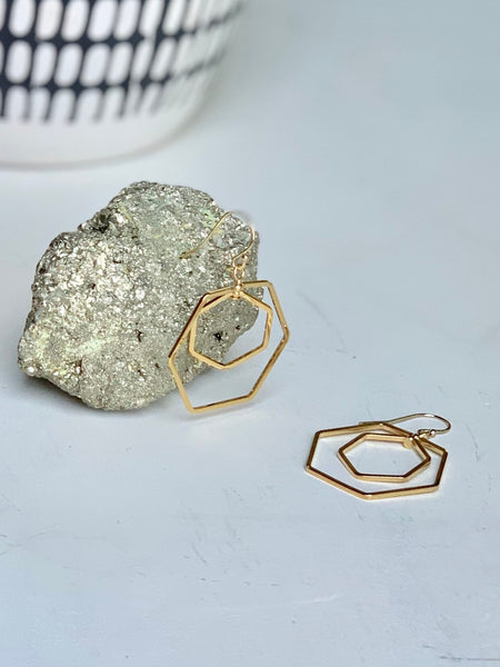 3D Double Hexagon Gold Earrings