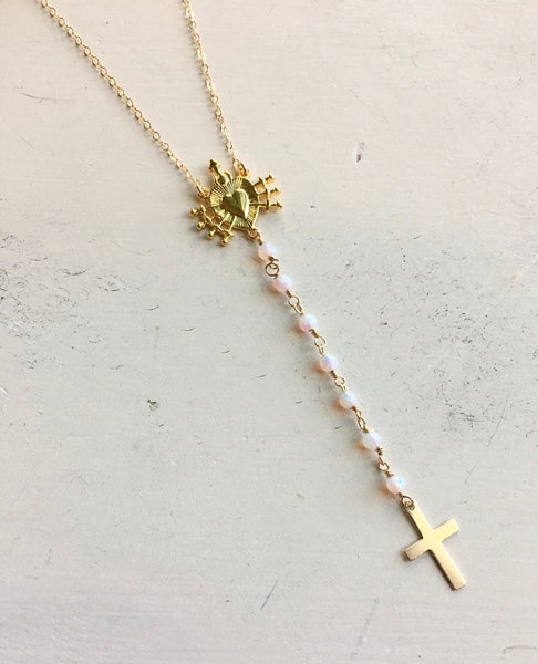 Cross and Heart Opal Rosary Necklace