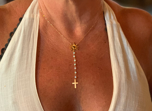 Cross and Heart Opal Rosary Necklace