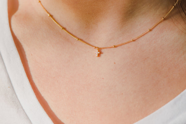 Tiny Crystal Cross Necklace- Gold