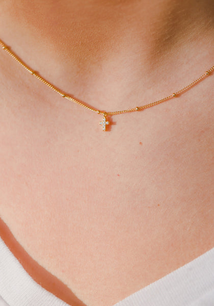 Tiny Crystal Cross Necklace- Gold