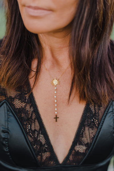 Cross and Heart Opal Rosary Necklace