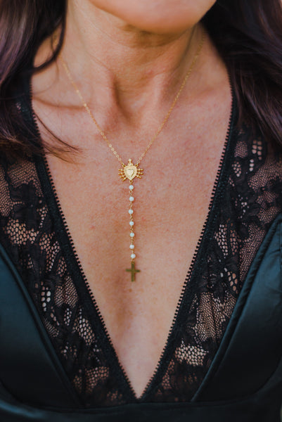 Cross and Heart Opal Rosary Necklace