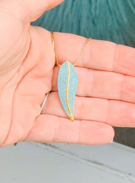 Pave Turquoise Leaf Necklace