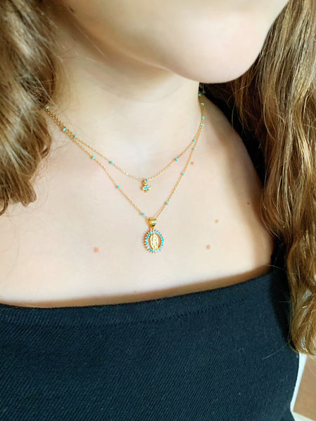 Mother Mary Pave Turquoise Necklace