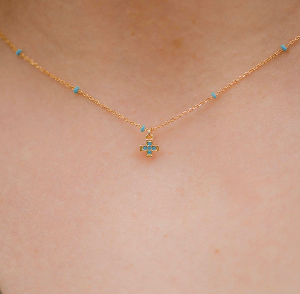 Tiny Turquoise Pave Cross Necklace