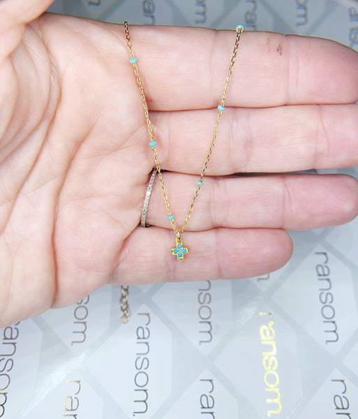 Tiny Turquoise Pave Cross Necklace